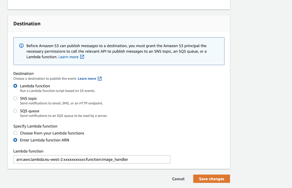 Set up the Lambda function as the destination