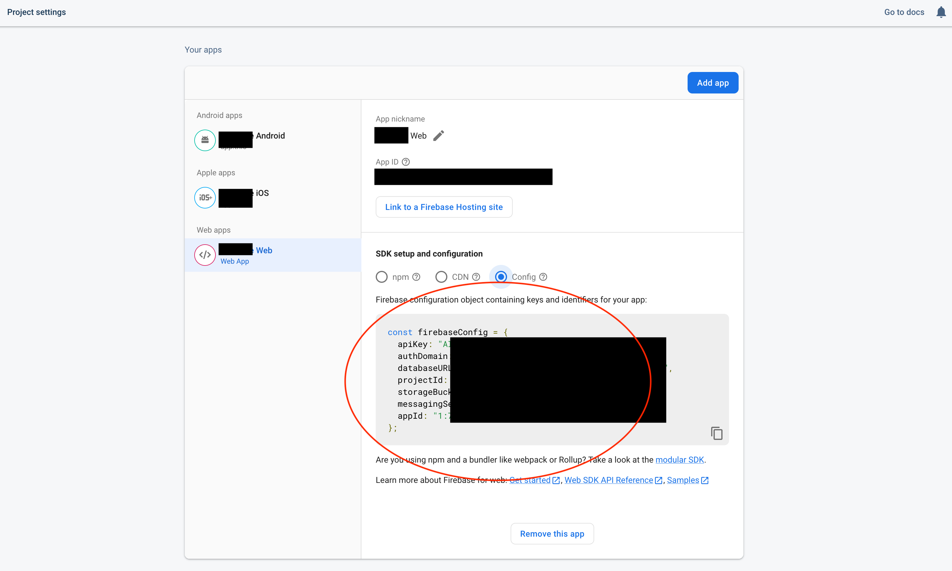 The Firebase console, displaying the SDK setup details