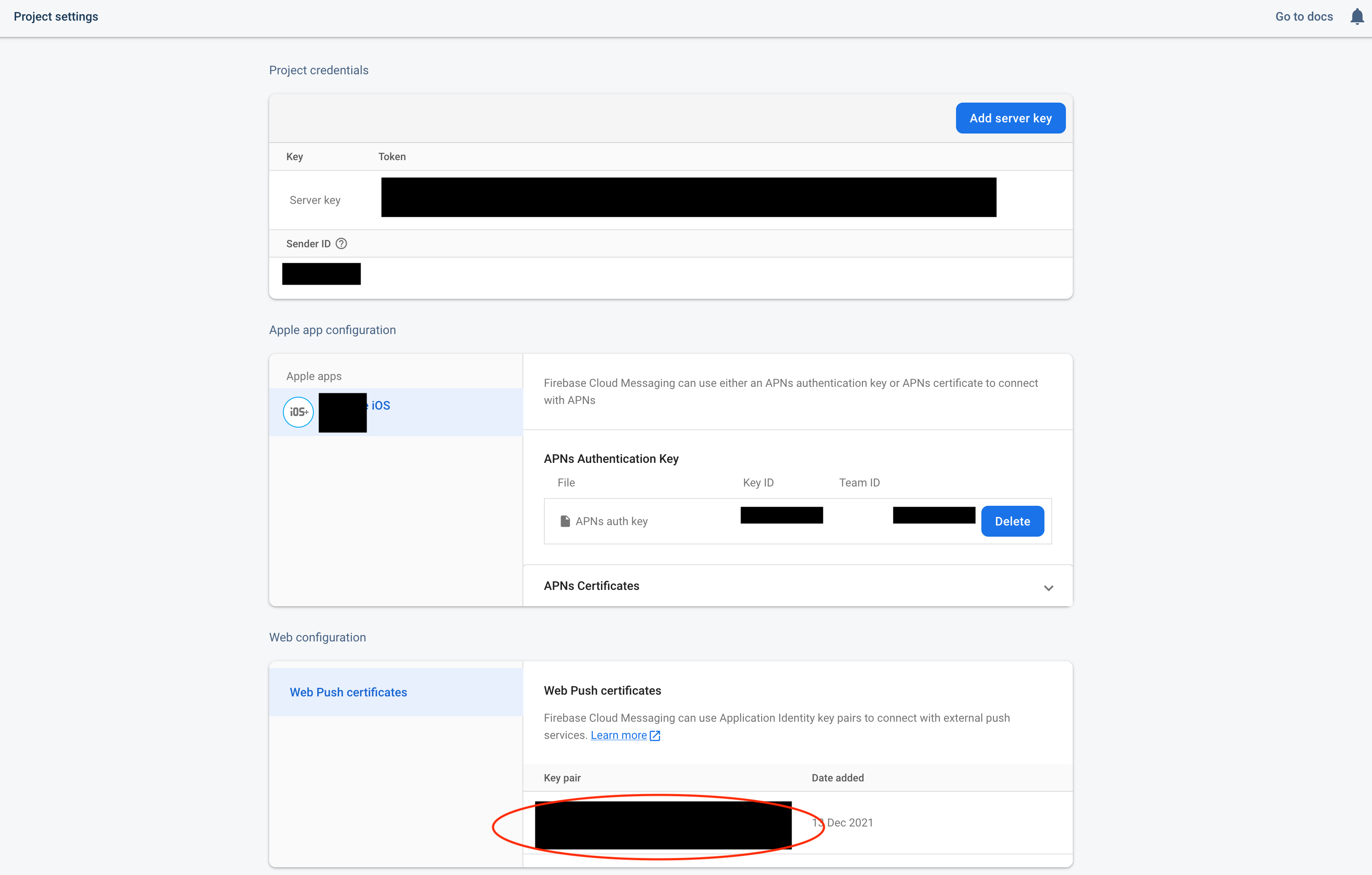 The Firebase console, displaying the web push certificates
