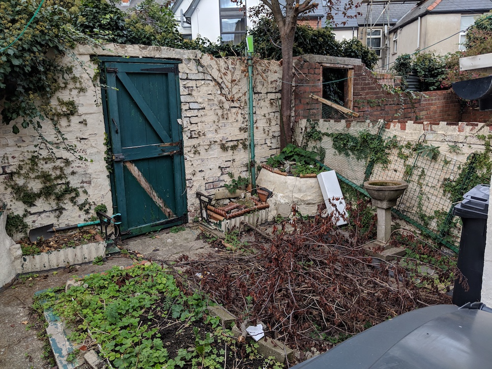 A messy garden with junk everywhere
