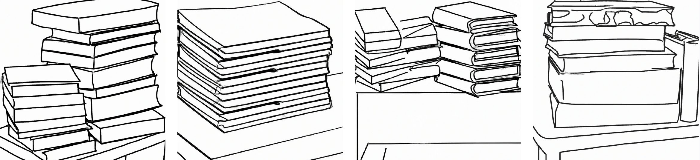 Line drawings of books on tables.