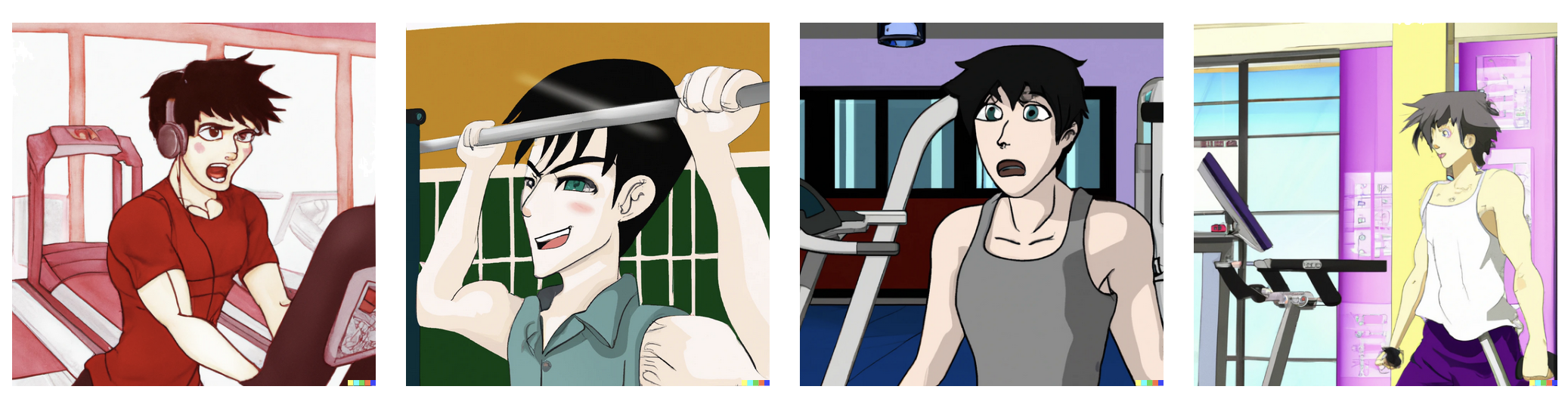 An AI generated anime-style image of a guy in a gym.