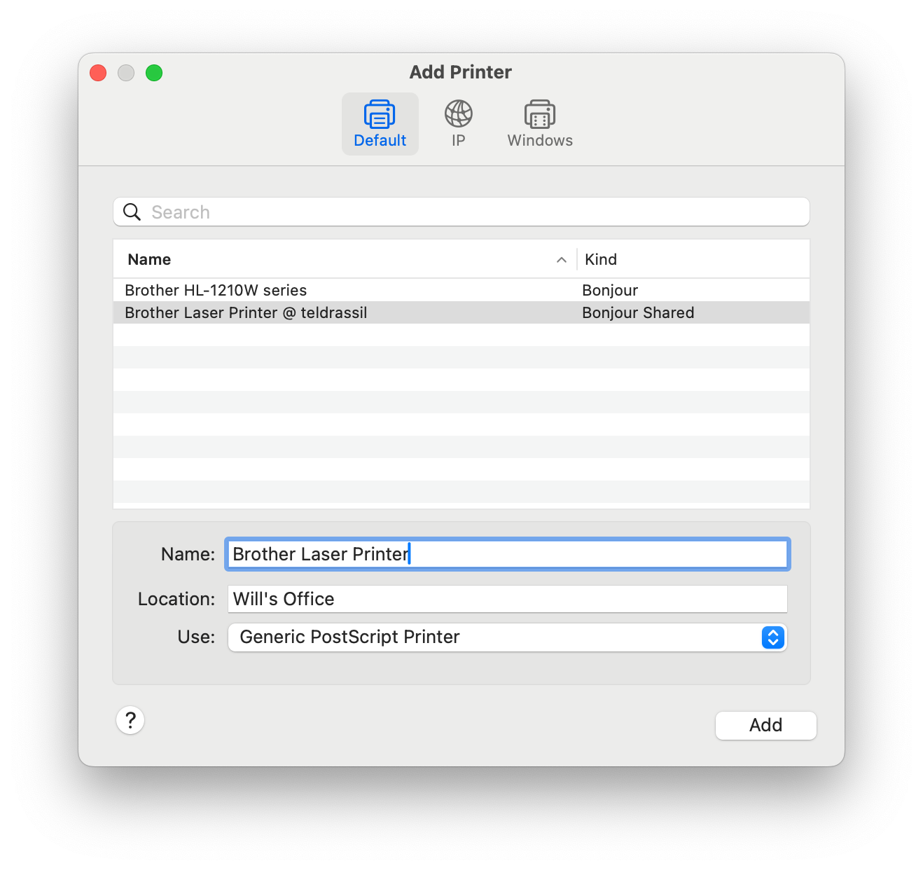 macOS &ldquo;Add Printer&rdquo; dialog showing the printer