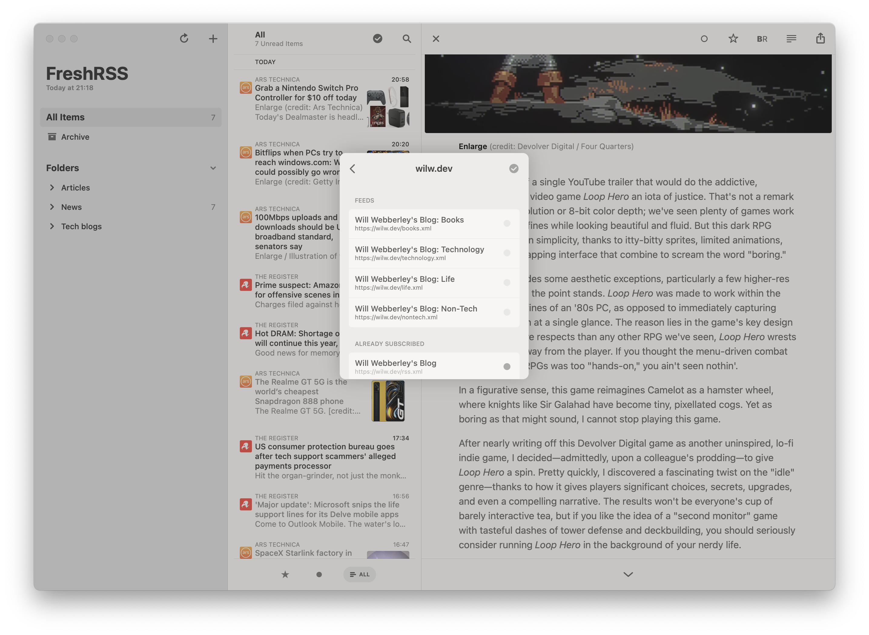 A screenshot showing the Reeder app auto-listing my website’s feeds
