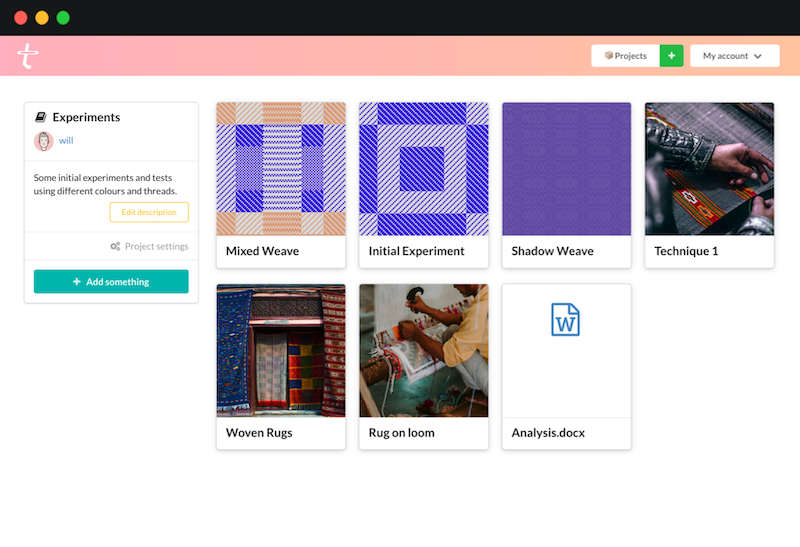 Treadl’s project view, listing some files and weaving patterns