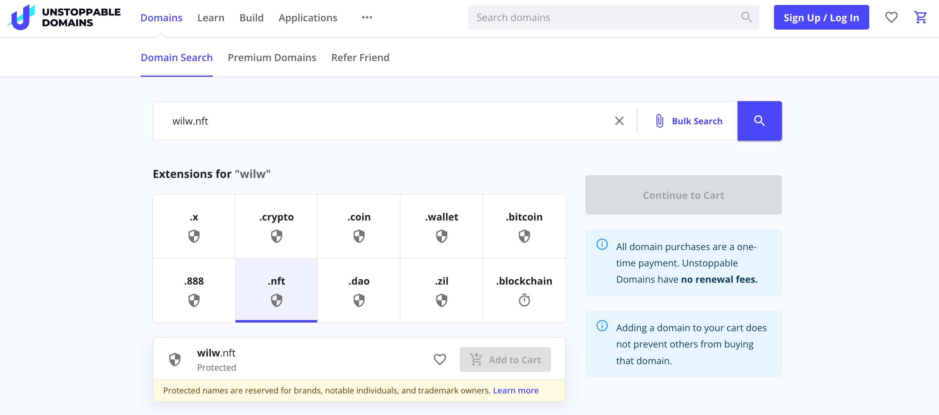 Unstoppable Domains domain-search, showing wilw.nft as “protected”
